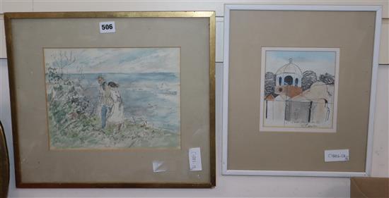 Eleanor Bellingham Smith, watercolour, Couple by the sea, 22 x 28cm and a sketch of Glynde Place by another hand